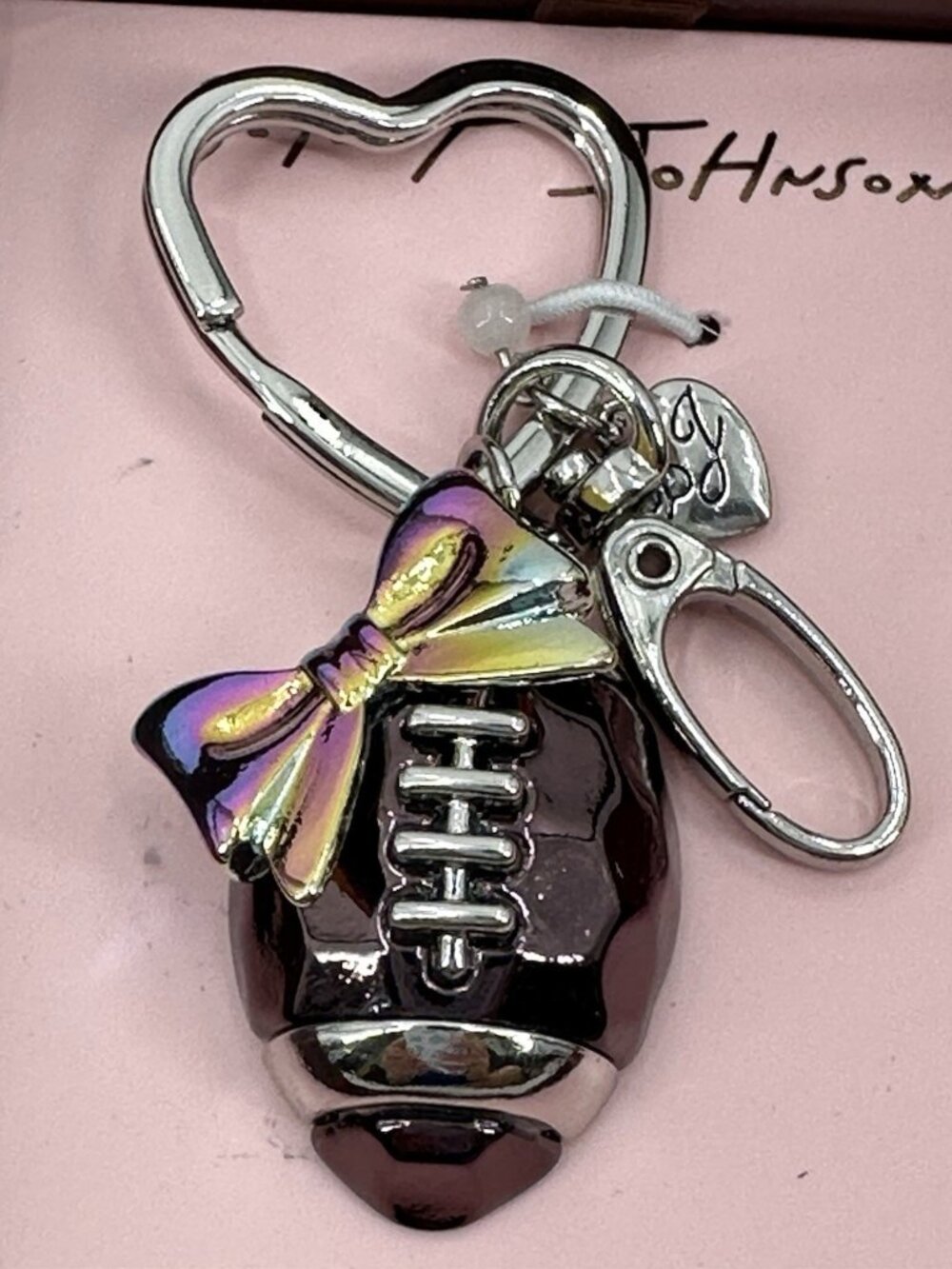 NIB Betsey Johnson Football Bow Key Fob/Bag Charm Silver Brown Team Girlfriend